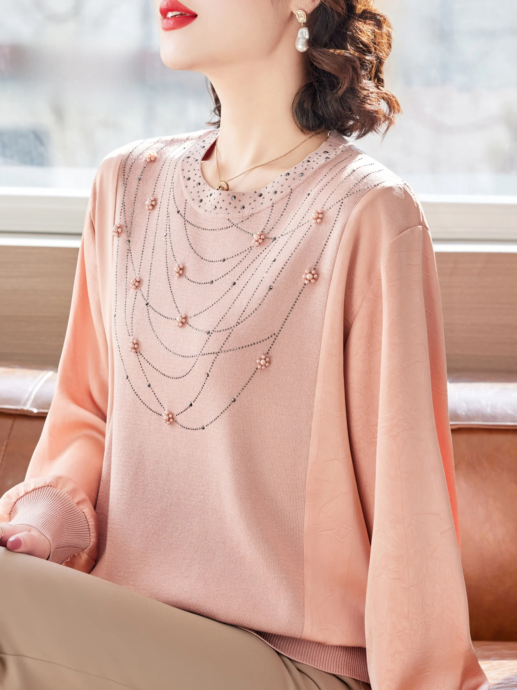 

Весенний вязаный свободный топ для мам, модная женская одежда с круглым вырезом и длинными рукавами, удобная дышащая повседневная футболка