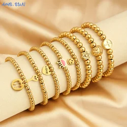 MHS.SUN Fashion Stainless Steel Gold Plated Beaded Ball Bracelet Handmade Stretch Cross/Love/Key Charm For Women Men Jewelry