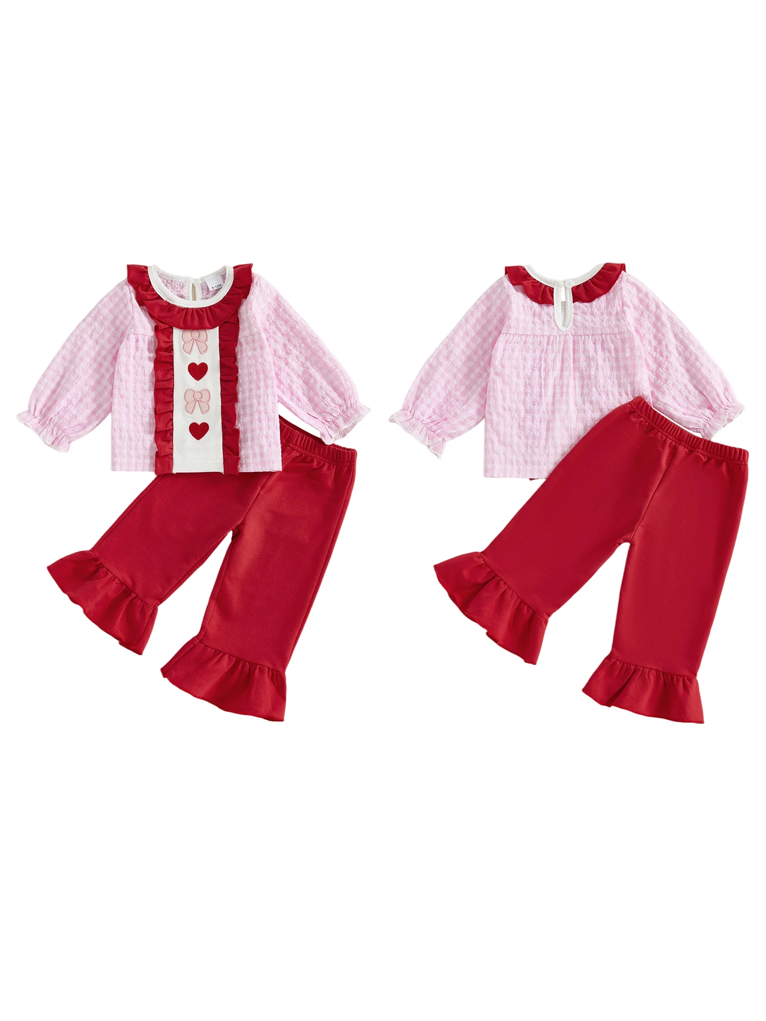 

Наряд на День святого Валентина для девочек. Милая футболка с принтом сердца и комплект брюк в тон для детей: топ с короткими рукавами и бантом в клетку и низ.