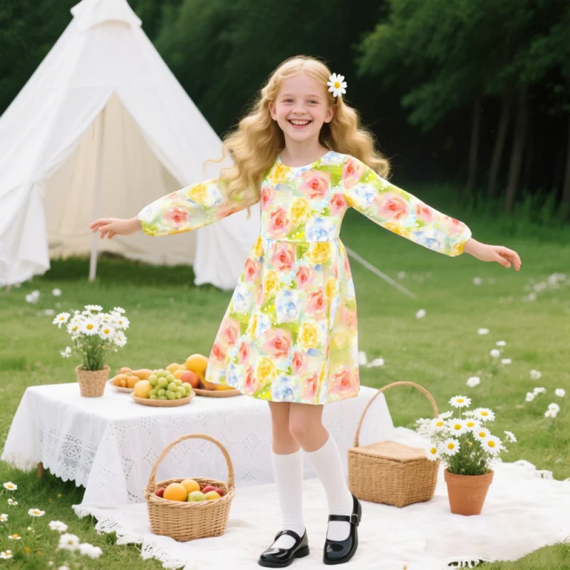 

Girls Long Sleeve Floral Dress Fresh and Sweet Children's Princess Dress Colorful Flower Patchwork Stylish Dress