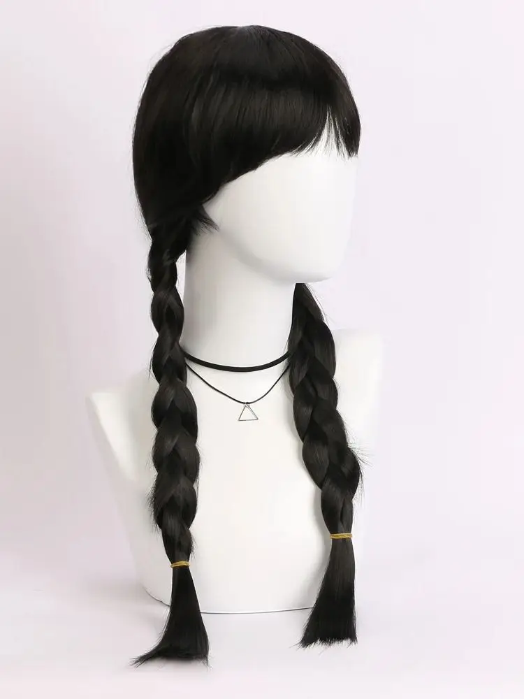 Wednesday Addams Cosplay Wig Long Black Braids Hair Heat Resistant Synthetic Wigs with Bangs for Halloween Party