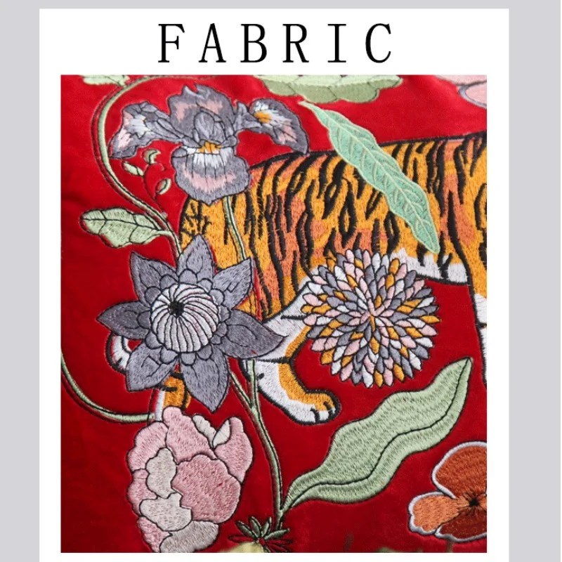 Tiger Pillow Luxury Red Velvet Embroidery Cushion Case Decorative Pillow For Sofa 30x50CM Jungle Flora Living Room Decoration