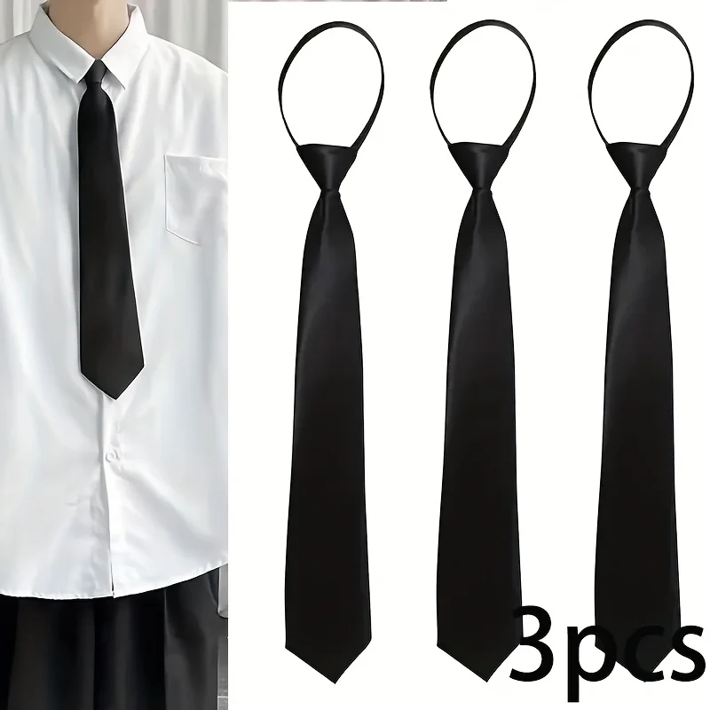 3Pcs Men's Zip-On Wide Neckties 8cm (3.15inch) Solid Color Black and Red Polyester Disposable Group Performance Security Uniform Accessories