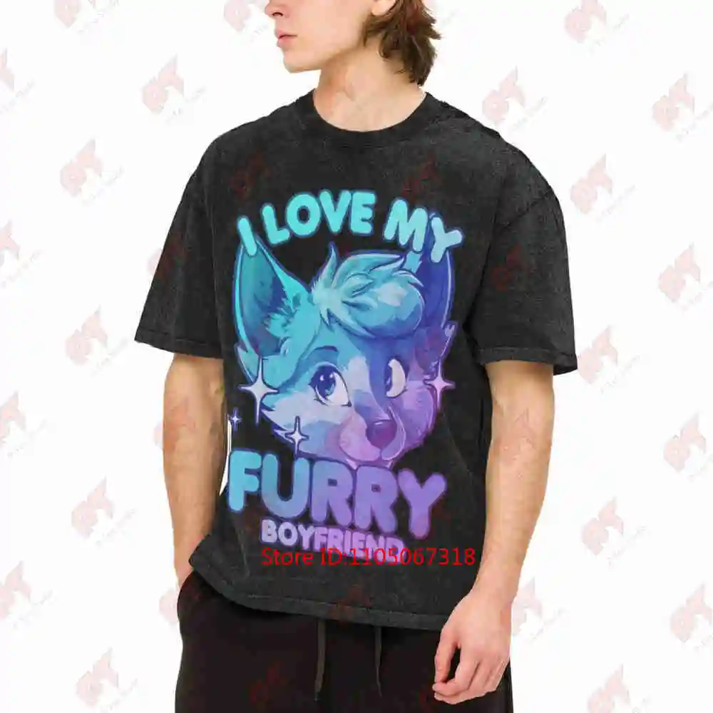 Furry Boyfriend Fursuit Cosplay Fox Wolf Rabbit Cat Vintage Washed Tee Pure Cotton T-Shirt