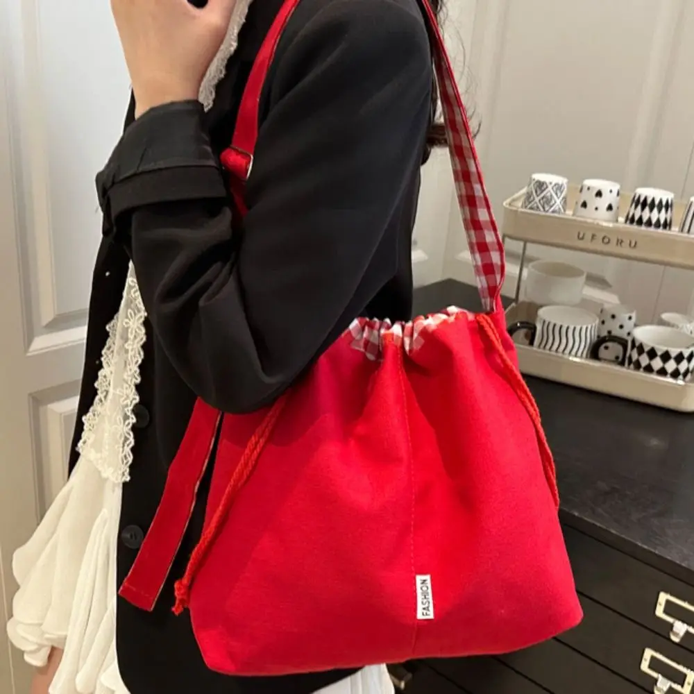 

Vintage Cloth Drawstring Bucket Bag Korean Style Retro Denim Canvas Bag Handbag Geometric Tote Bag Travel