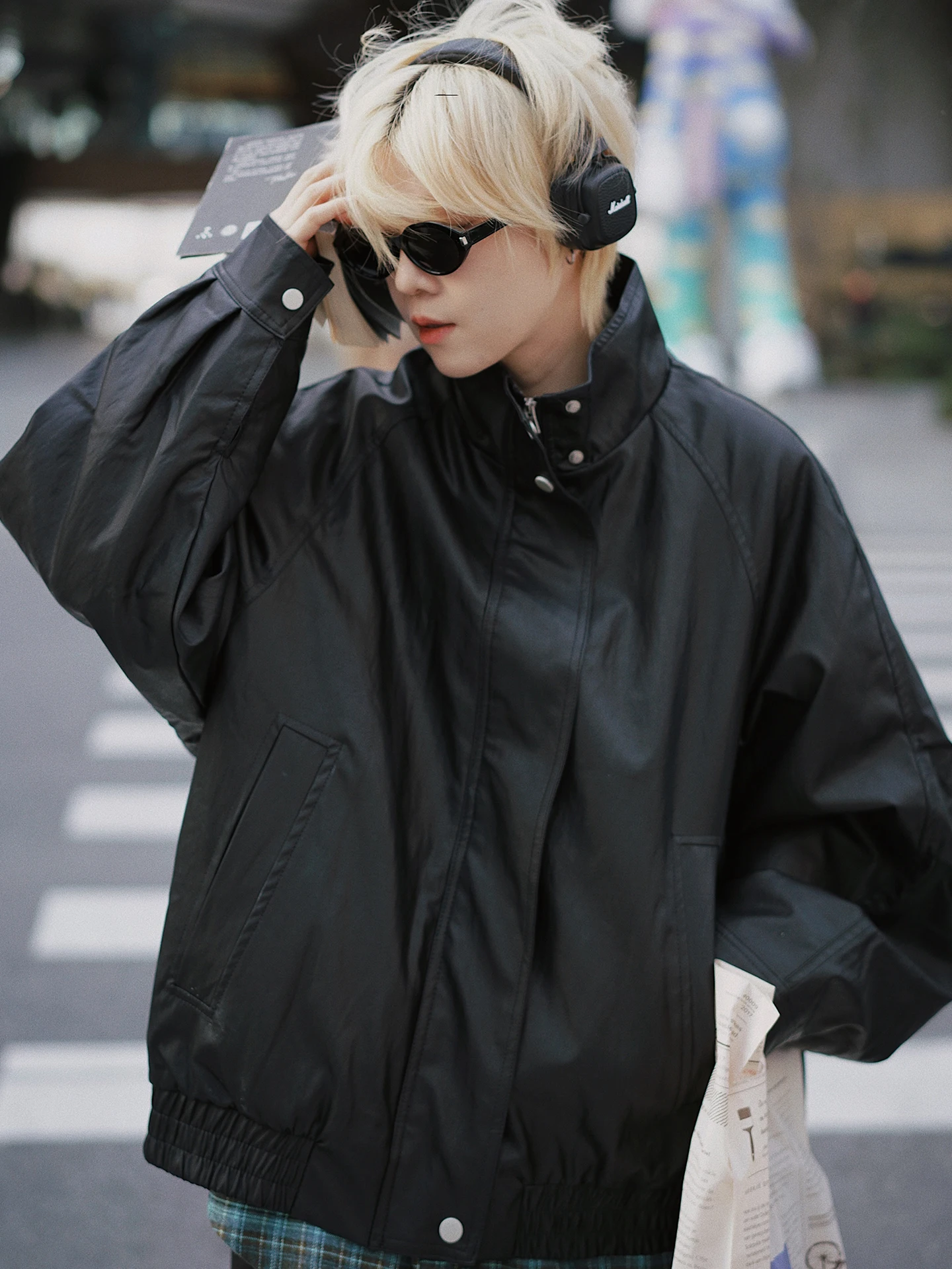 

STILLYOU Sli Stand Collar Bla PU Leather Jaet Women Loose oulder Sve Insert Cotton Leather Jaet Casual Wear