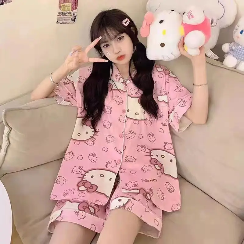 

Cute Sanrio Hello Kitty Pajamas Set Cinnamoroll Kuromi Woman Stitch Short Sleeve Sleepwear Suit Sexy Home Wear Cloth Girl Gifts