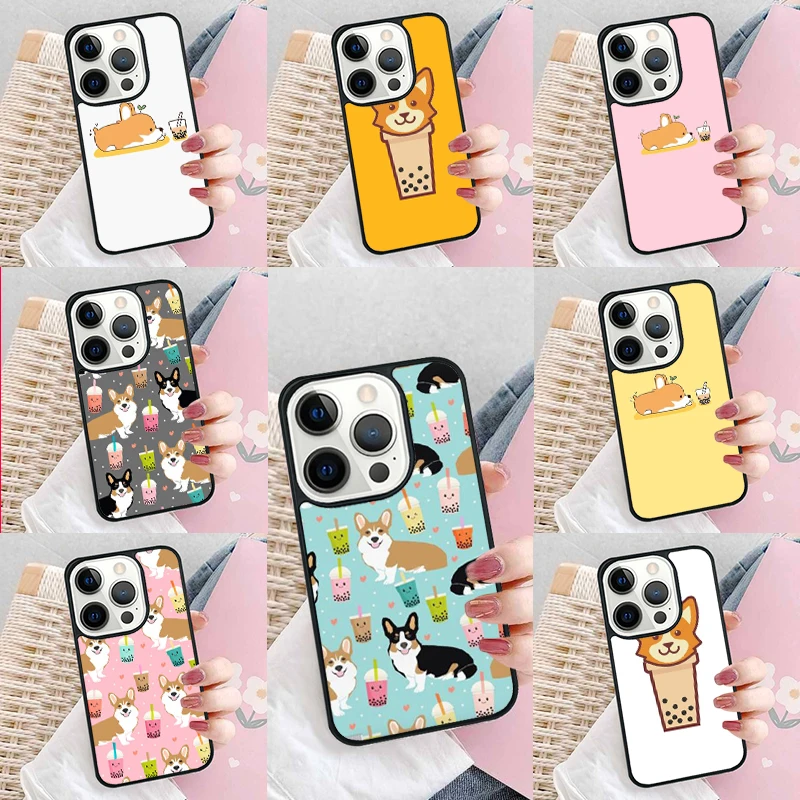 Corgi and Bubble Tea Soft Phone Case Cover for iPhone 16 Promax 15 Pro 13 14 Plus 11 12 Mini XR XS MAX Coque