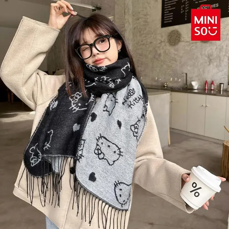 MINISO Sanrio Hello Kitty Anime Scarf for Women Autumn Winter Knitted Scarf for Girls Warm Windproof Simple Scarf Birthday Gift