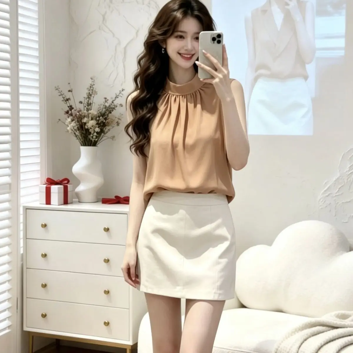 Elegant Beautiful Chiffon Shirt Women's Summer Fashion Trend Neck Hanging Shirt High-End Feeling Versatile Straight Cut Butto...
