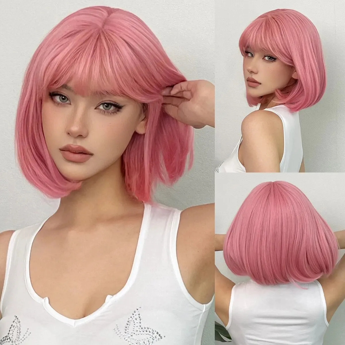 Kurze gerade Bob-Perücke aus synthetischen Materialien, rosa Naturhaarperücke mit Pony für Frauen, niedliche Cosplay-Perücke, hitzebeständige Faser
