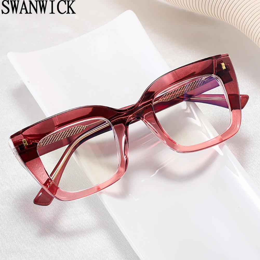 Swanwick thick cat eye glasses anti blue light TR90 square glasses frame women fashion black brown CP acetate clear lens