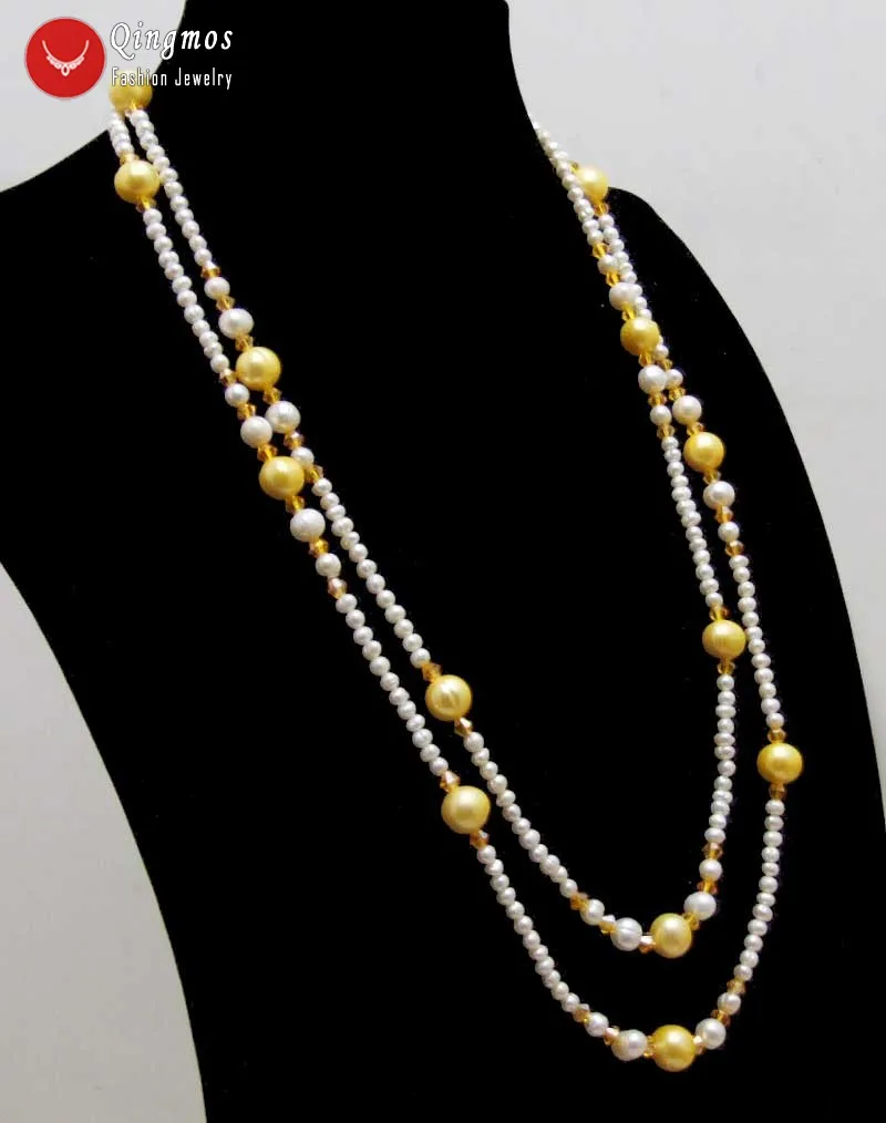 Qingmos 4-5mm Round Natural White Pearl Necklace with 10mm Yellow Round Pearl Pendant Necklace Yellow Crystal 45'' Long Necklace