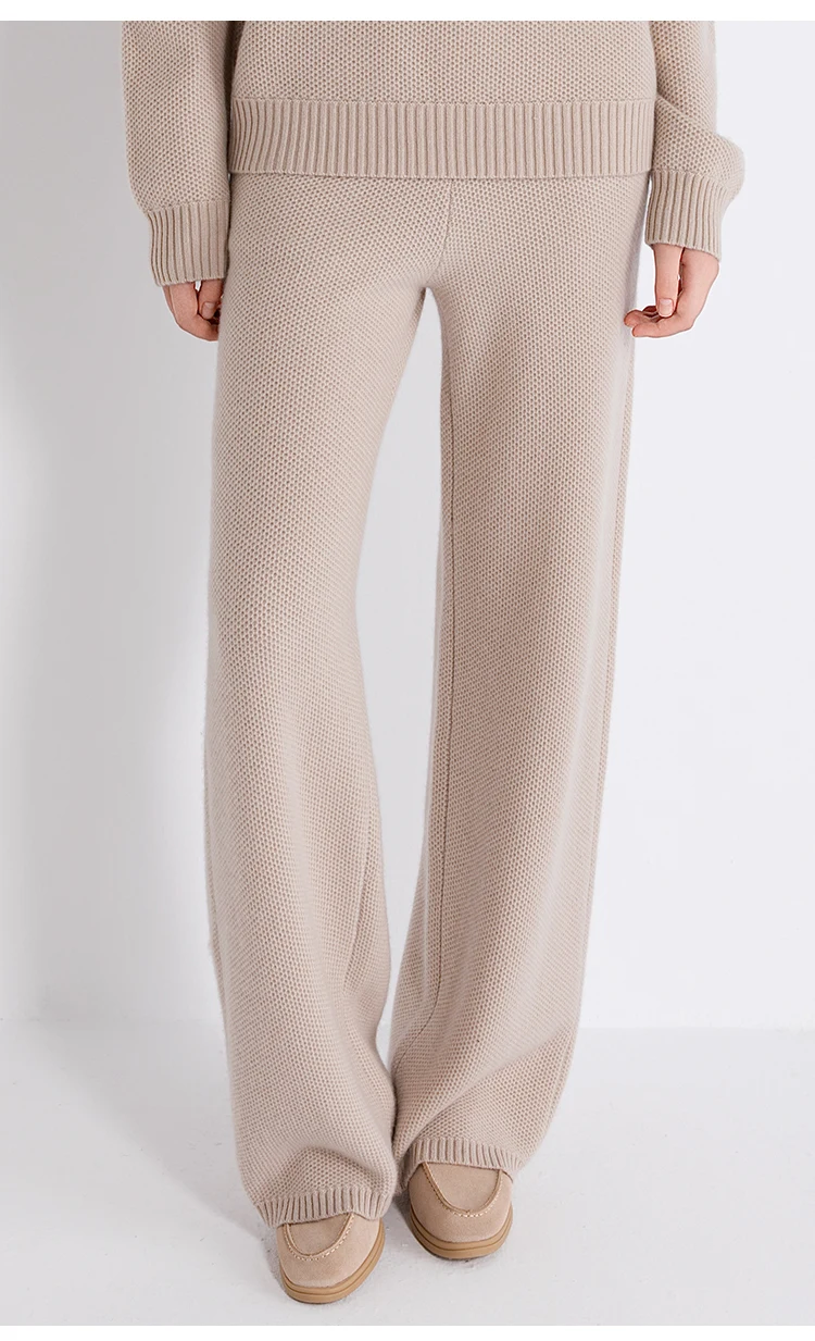 TX862183 Damen-Strickhose mit weitem Bein, Woll-Kaschmir-Mischung, elastischem Bund, gerippten Bündchen, entspannter Schnitt, LP Old Money Early Autumn – Detail 3