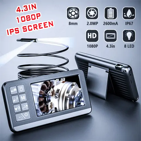8mm 4.3인치 1080P IP67 단일 렌즈 내시경 자동차 검사 도구 자동차 내시경 보로스코프 카메라 장치