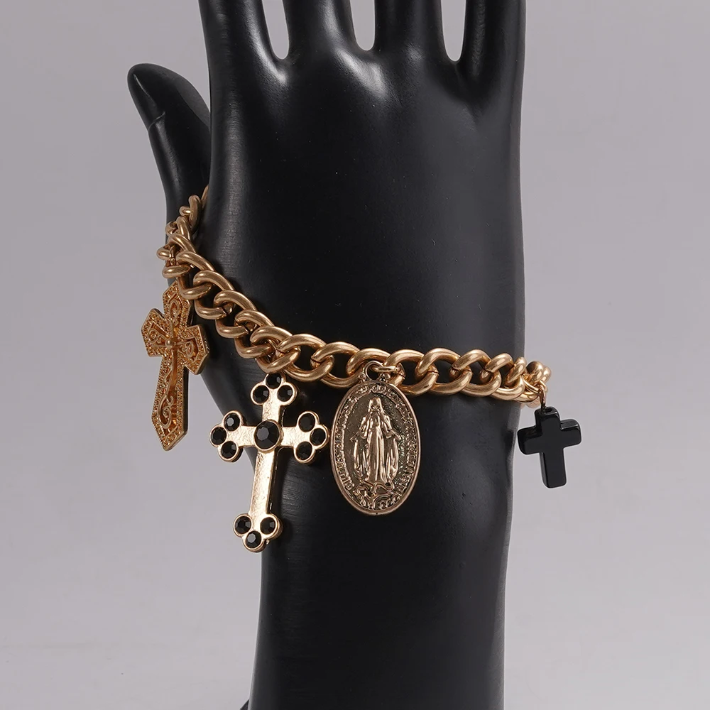 سوار سلسلة ذهبي عتيق مع سحر متقاطع متعدد لهجات كريستال سوداء دينية مريم العذراء قلادة بوهو قوطي #2