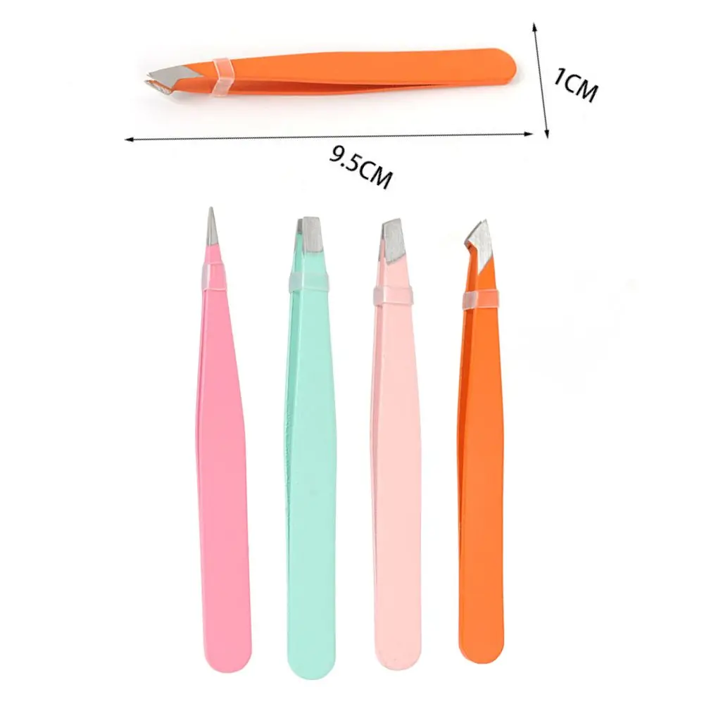 Professional 4Pcs Colorful Stainless Steel Eyebrow Tweezers Set - Slant Tip, Precision Hair Removal & Travel Case Makeup Tools
