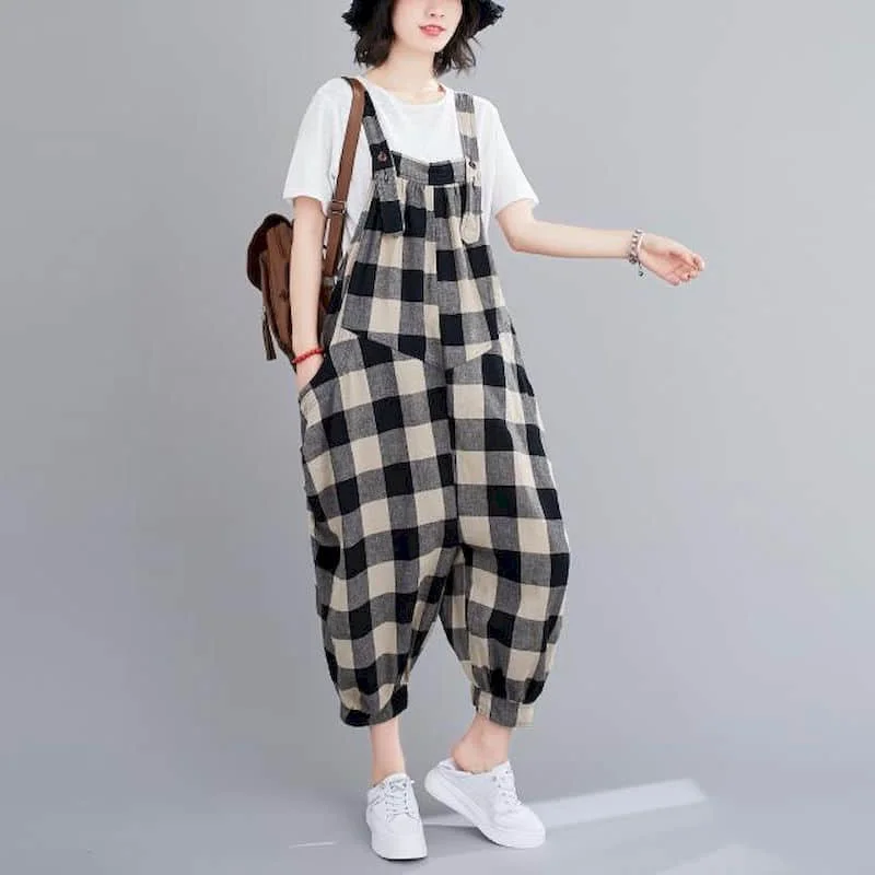 Cotton Linen Playsuits Women Casual Loose One Piece Outfit Women Korean Fashion Jumpsuits Cross Pants Overalls for Women Clothes