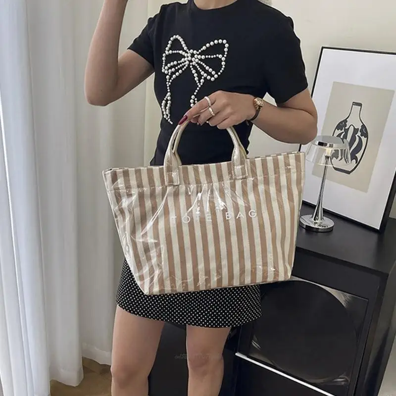 X5XA Practical Top Handle Bag PVC And Canvas Transparent Striped HandbagFor Essential