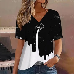 T-Shirt z dekoltem w szpic z krótkim rękawem moda damska T-Shirt z nadrukiem podstawowe topy Streetwear letnie szeroka odzież koszulki damskie