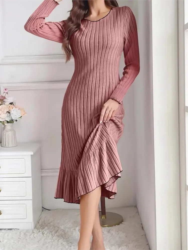 

Women's Autumn Winter Long Sleeve Solid Color Dress Ruffle Hem Stylish Elegant Casual Vestidos Para Mujer Fashion Long Dresses