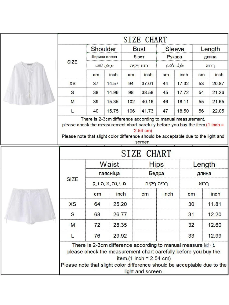 TRAF Two Piece Women Solid Embroidered Top Short Suits 2024 Fashion Hollow Out O-neck Tie Bow Shirts Zipper A-line Short Sets