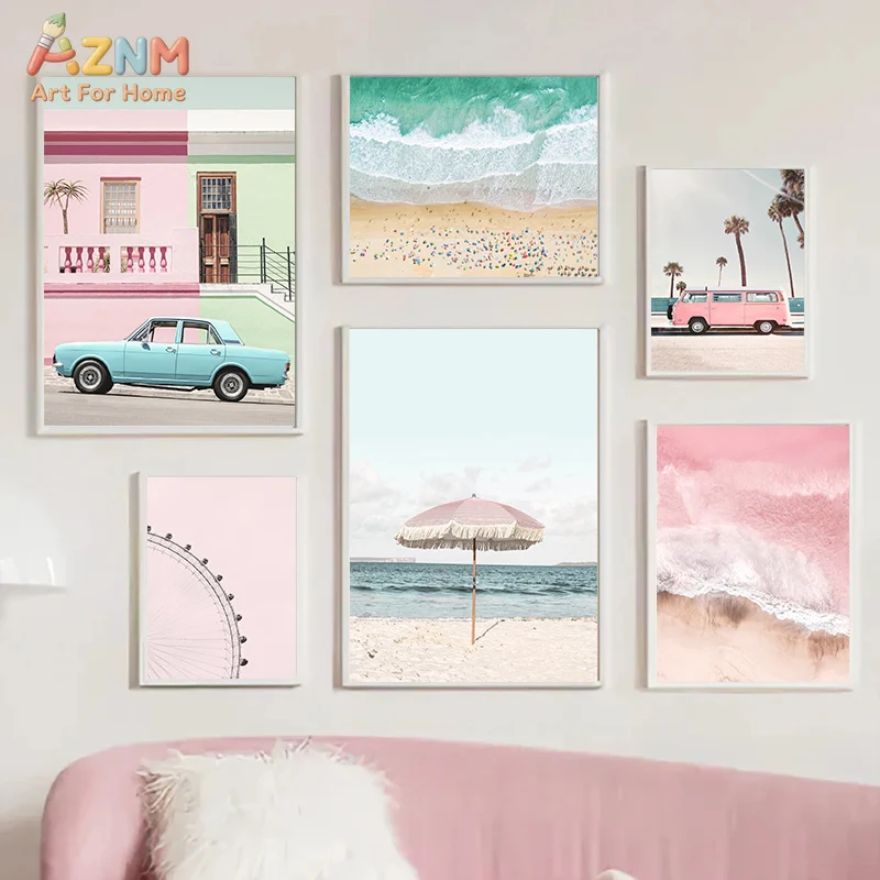 AZNM Pink Coastal Aesthetic Canvas Wall Art, Modern Boho Pink Ocean Wave Van Bus Palm Tree Print Poster, Unframed California Sum