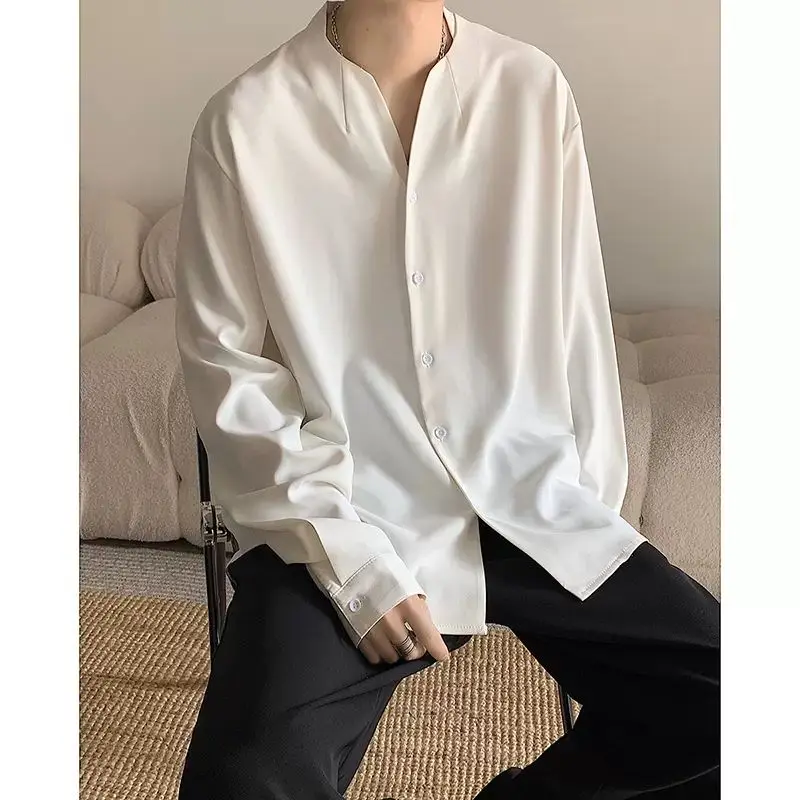 

High-end Collarless Men's Shirt Spring and Summer High-end Sense Long-sleeved Suit Fashionable High Sense V-neck Loose Shirt Top