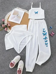 2024 Summer New Girl's Butterfly Print Short sleeved Set Children's Fashion suspender vest long pants casual three piece set