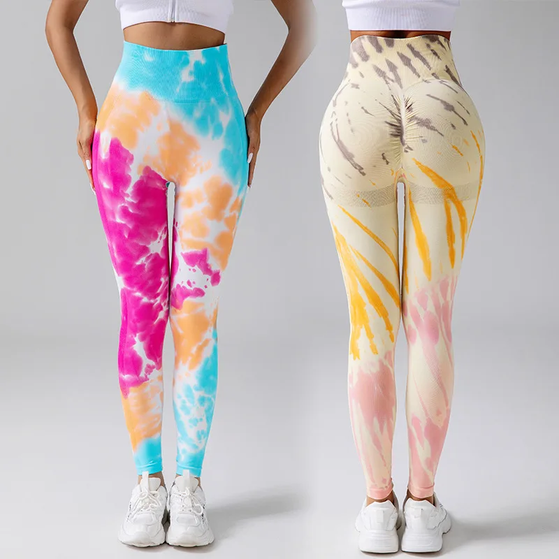 Seamless Drip-dyed Yoga Pants High Waist  Abdomen Hip-lifting Elastic Trousers Women's Outerwear Hand-painted Fitness Pants