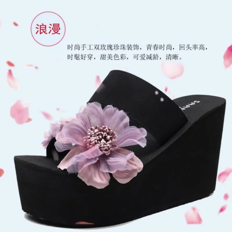 11cm New Luxury Flower Women's Exquisite Slippers Summer Sponge Cake Thick Bottom Fashion Outerwear High Heels Beach Slippers 41