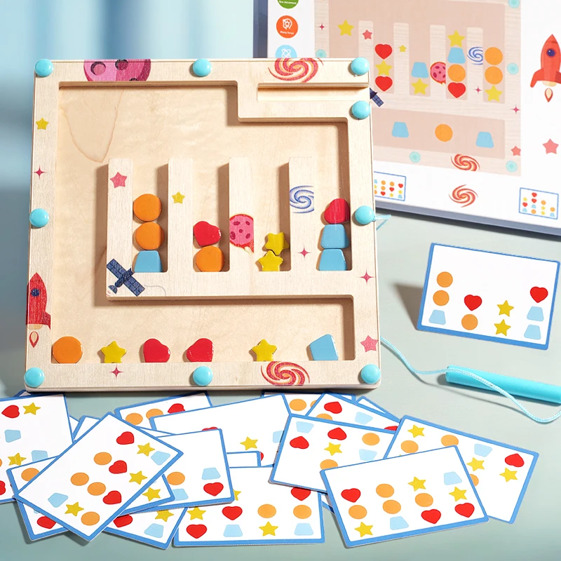 Drewniany kształt koloru labirynt magnetyczny sortowanie magnetyczne tablica podróżna Puzzle Montessori zabawka edukacyjna nauka dla wieku 3+ mała motoryka