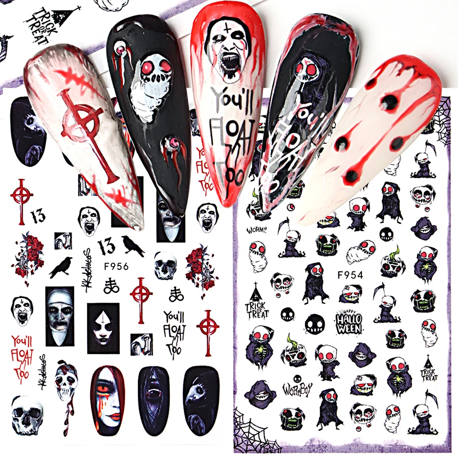 4pcs Halloween Nail Stickers Blood Hand Heart Scar Skull Self-adhesive Sliders Japanese Horror Anime Nail Decals Manicure Decor