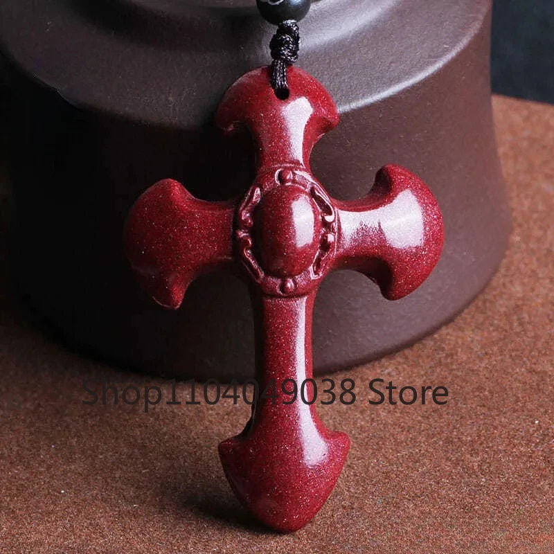 Natural Raw Mineral Vermilion Cross Pendant with Purple Gold Sand for Men and Women Carrying Ornaments Necklace Pendant