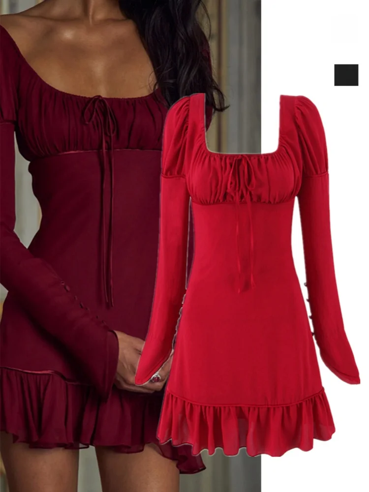 로맨틱 레트로 스퀘어 칼라 긴팔 드레스 디자인 센세이션 슬리밍 순수 욕망 짧은 치마 스트리트 스타일 하이 웨이스트