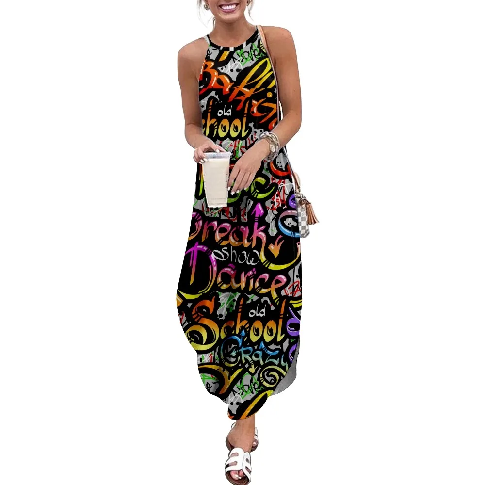 

Street Graffiti Print Women Casual Short Sleeve Camisole Dress Loose Long Double Pocket Beach Resort DressWoman Dress-