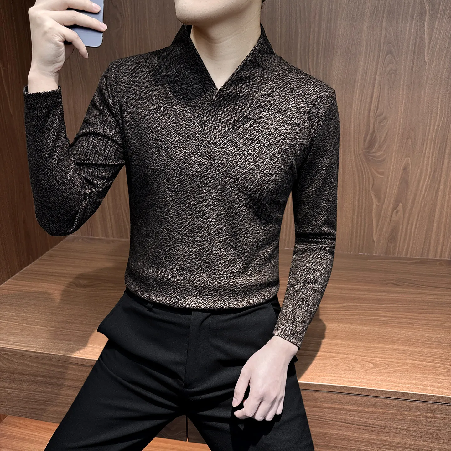 

Autumn/Winter Elastic V-neck T-shirt Men Slim Fit Long Sleeve Casual Tee Tops Versatile Thickened Warm Casual Business Pullover