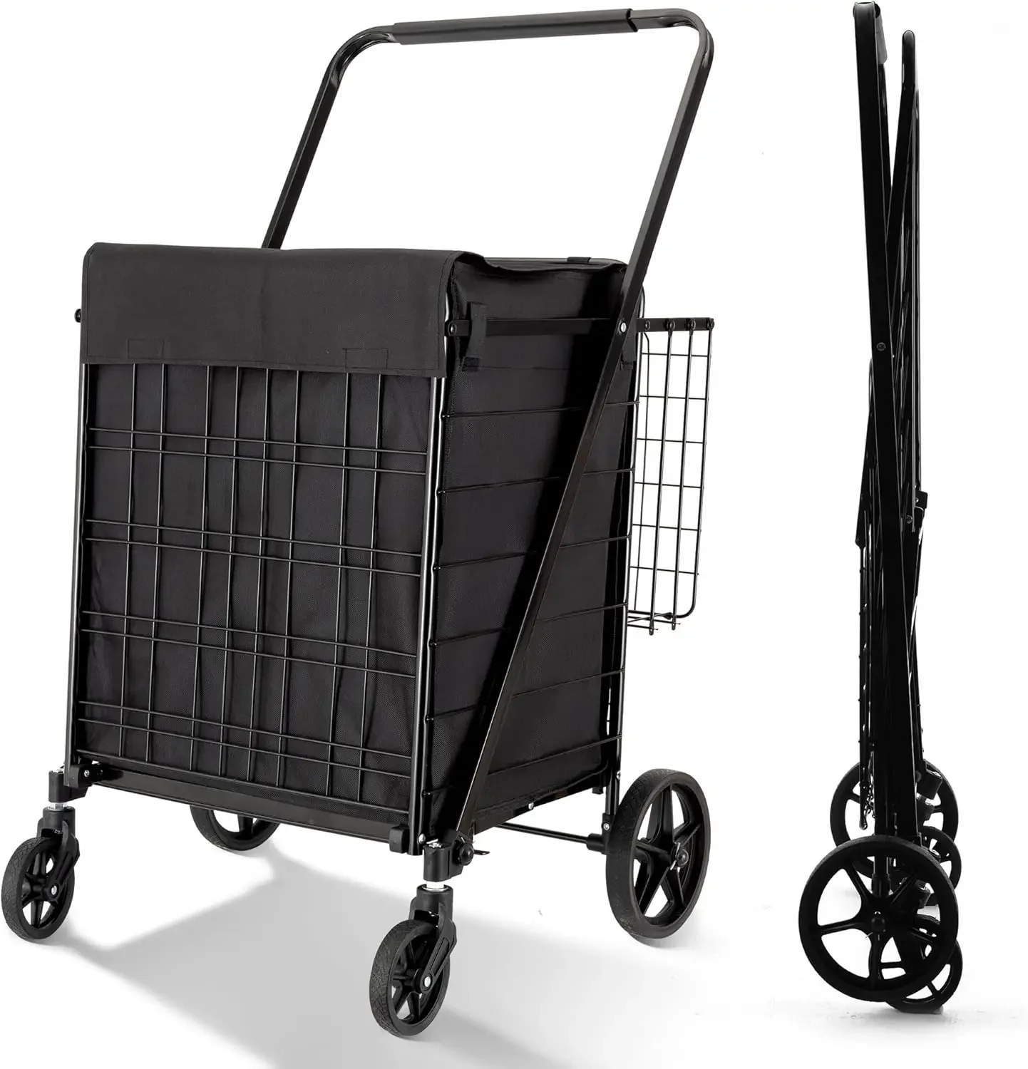 Shopping Cart with Waterproof Liner, Grocery Cart Large Bag with Top Cover, 400 Lb Capacity, Utility Cart with 360° Rolling Swiv