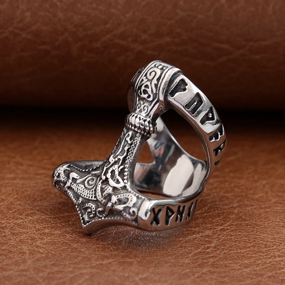Classic Vintage Viking Thors Hammer Ring For Men Stainless Steel Nordic Odin Rune Rings Fashion Amulet Jewelry Gift Dropshipping