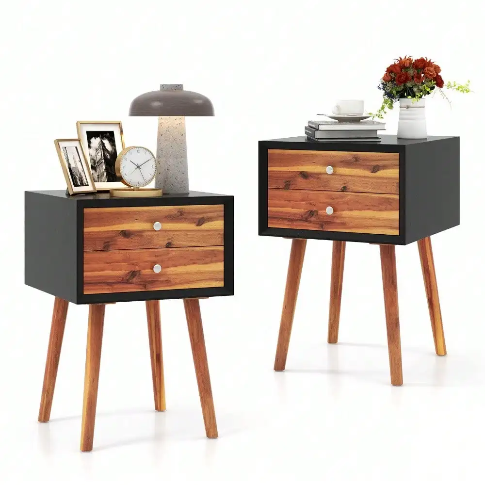 2PCS Nightstand Mid-Century End Side Table Living Room W/2 Drawer