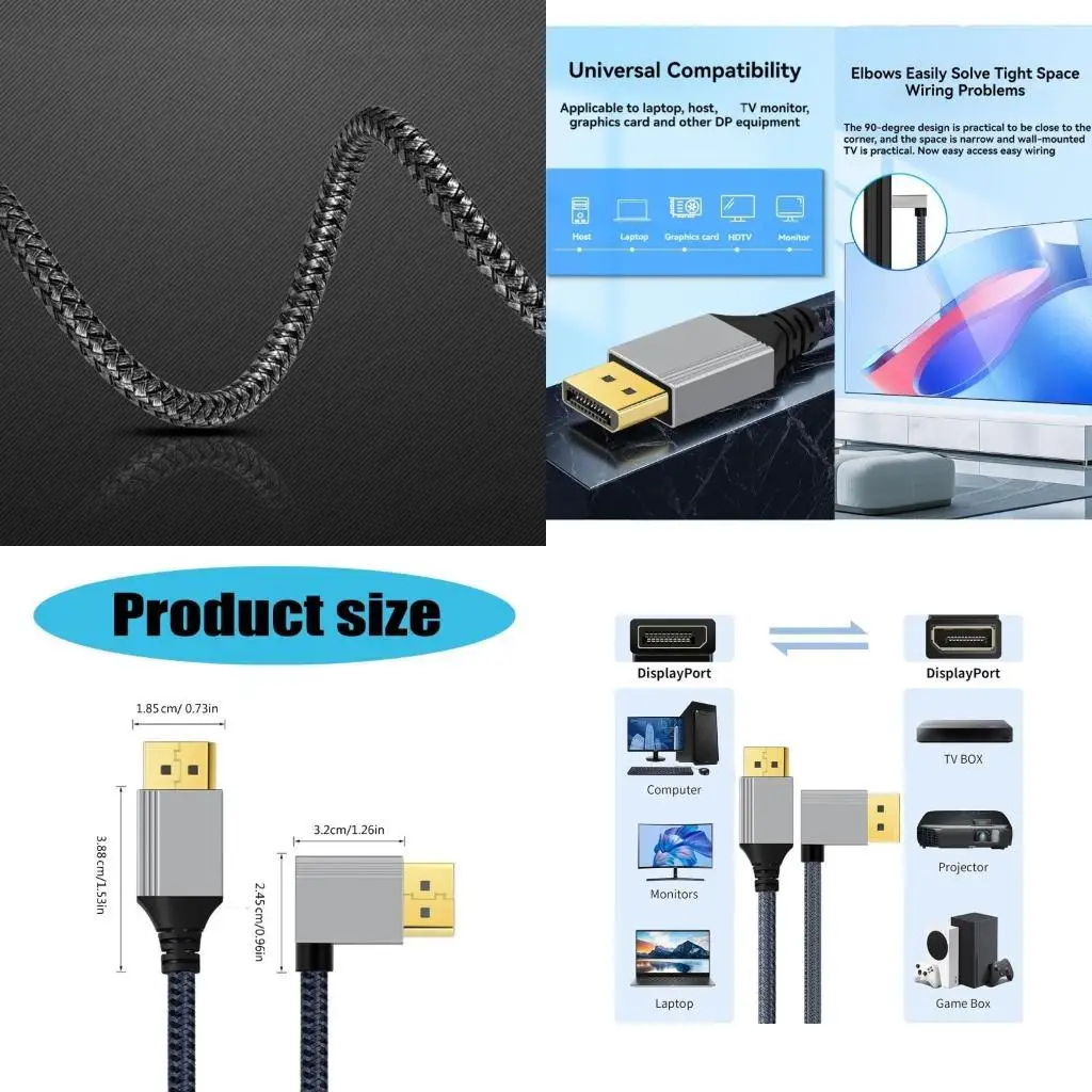 

Y1UB 4K 60Hz Video Cable Straight to Right Angle Connectors Cord DP 1.2 for Computer Graphics Card HDTV Monitors