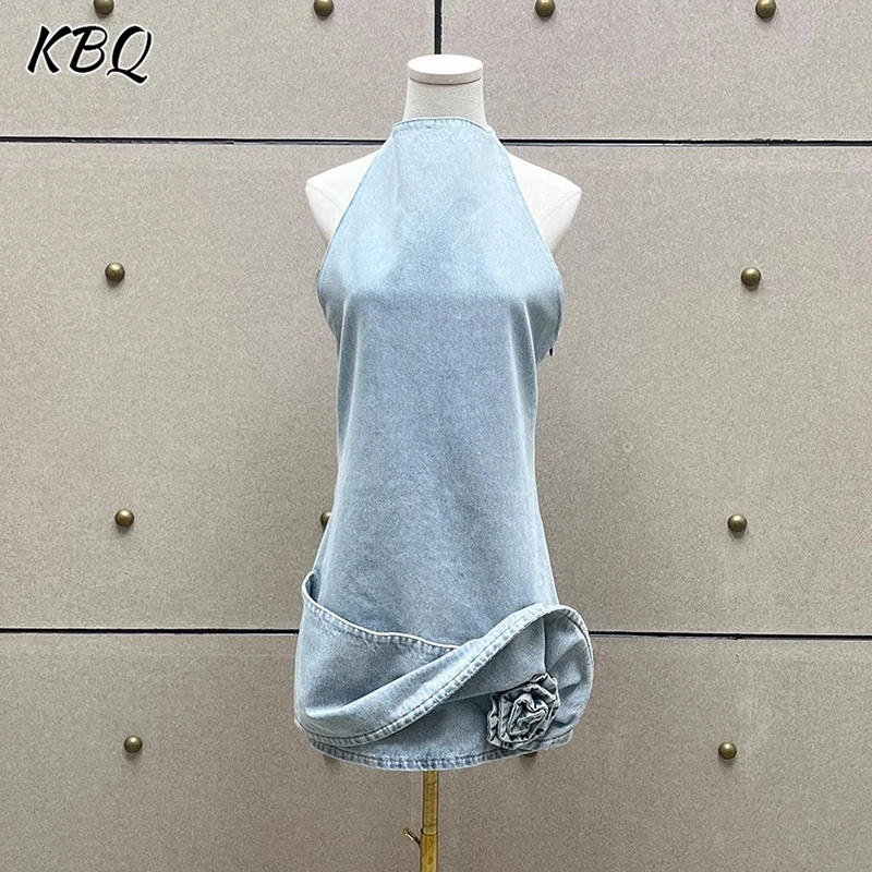 

KBQ Elegant Solid Spliced Appliques Slimming Dresses for Women Sleeveless Temperament Chic Denim Dress Female Fashion Style New