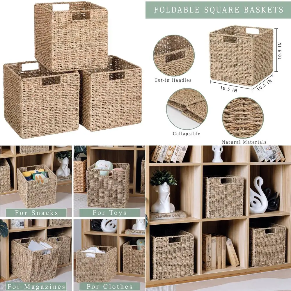 

Набор из 3-х складных квадратных корзин для хранения из морских водорослей для полок, большие складные плетеные контейнеры-кубы