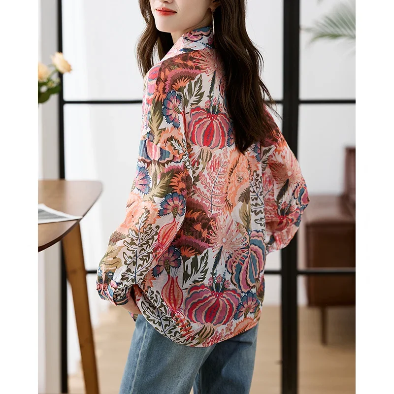 Floral Women Shirt 2025 Fashion Autumn New Printing Women's Clothing Polo-Neck Straight Long Sleeves Shirt OL Button Women Tops