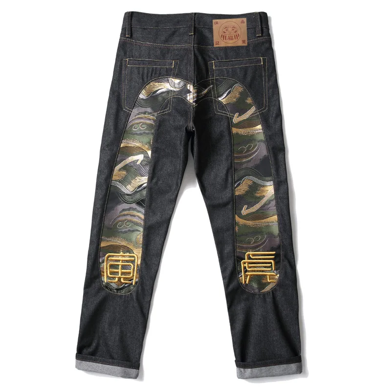 Men's Japanese Handmade Embroidered Cotton Jeans Straight Tube Slim Fit Hip-Hop Trousers Red Ear Detail Devil Big M Golden Text view 3