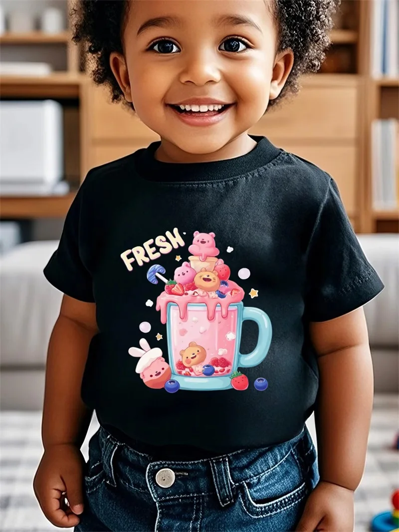 

Bear Drink And Letter Print Short-sleeved T-shirt For Boy Casual Cute Style Summer Short Sleeve Tshirts Girls Going Out Tees