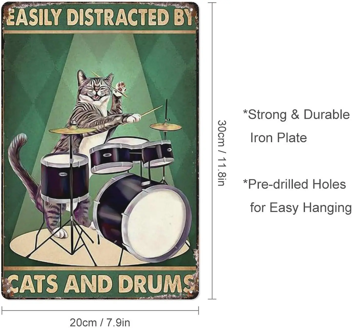 Retro Metal Tin Sign Happy Cat Easily Distracted By Cats And Drums Poster Wall Art 8X12 Inch Suitable For Home Bar Cafe Wall Dec