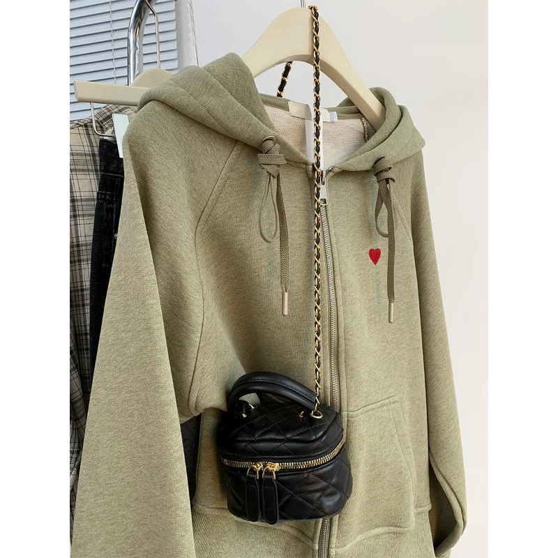 Grijze rits geborduurd lui sweatshirt met capuchon lente herfst nieuwe losse vest jas top