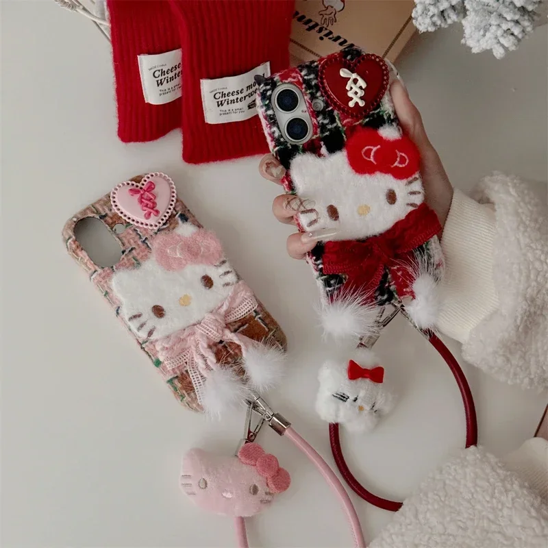 Ins Cute Cartoon Sanrio Hello Kitty Winter Warm Furry Plush Phone Case For iPhone 16 15 14 13  Pro Max Soft Cover With Lanyard