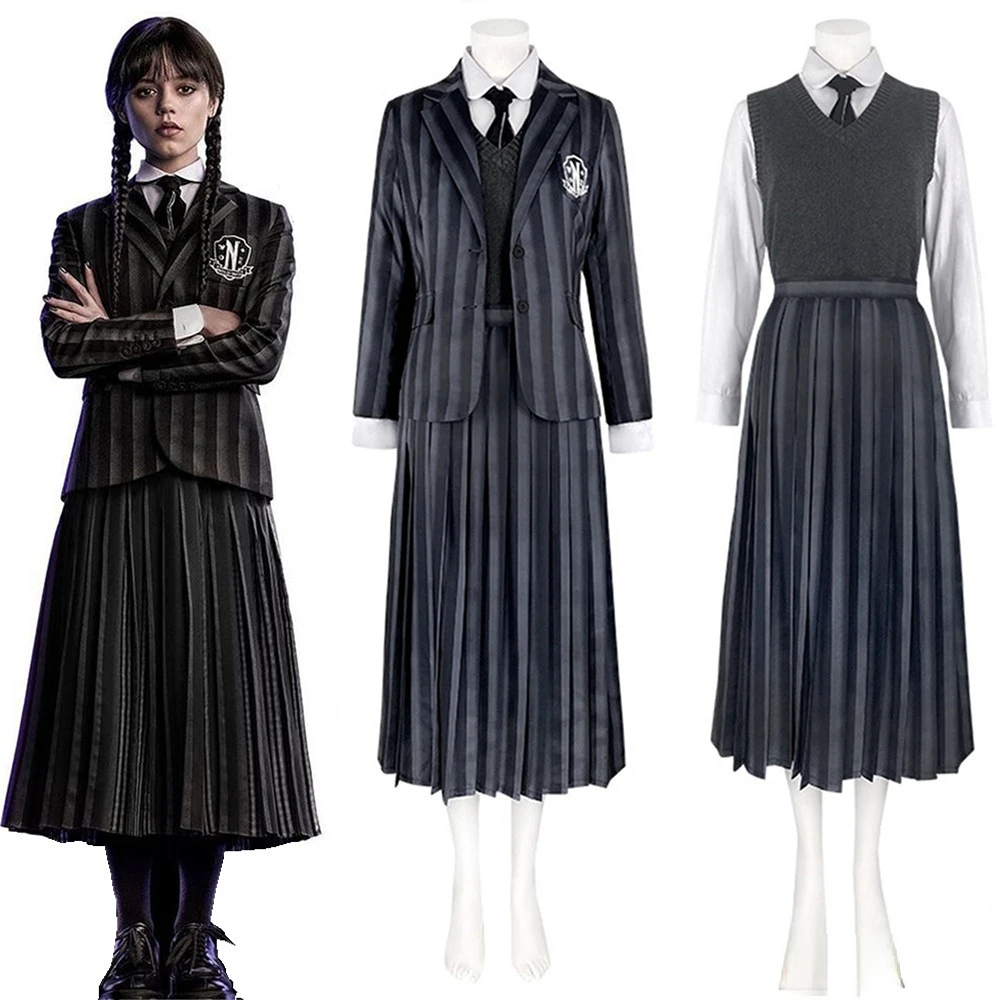 Wednesday Addams Family Adult Nevermore Academy School Uniform Cosplay Costumes Outfit Full Set Suit Jacket Vest Shirt Skirt Tie